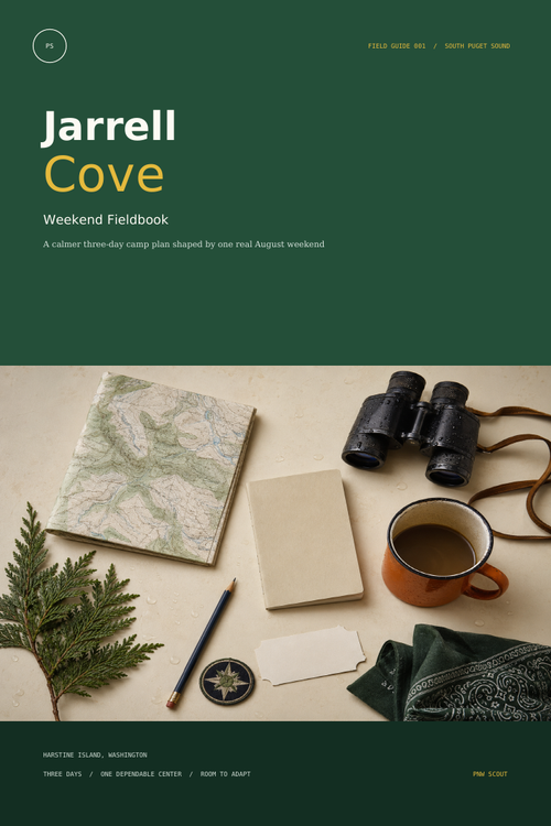 Cover of the Jarrell Cove Weekend Fieldbook, featuring a map, binoculars, camp mug, notebook and PNW Scout patch.